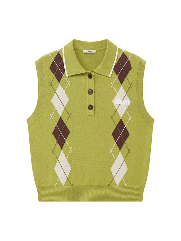 Retro Argyle Sleeveless Polo Knit