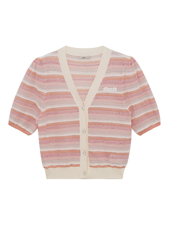 Sequins Design Pink Stripe Knit Cardigan