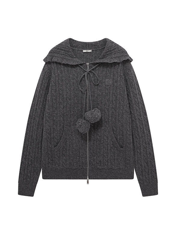 Pompon Design Knitting Zipper Hoodie