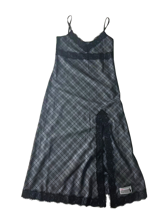 Lace Piping Plaid Cami Dress