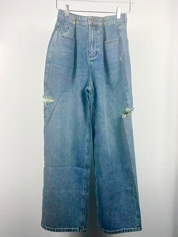 Side-damage Hook Waist Denim Pants