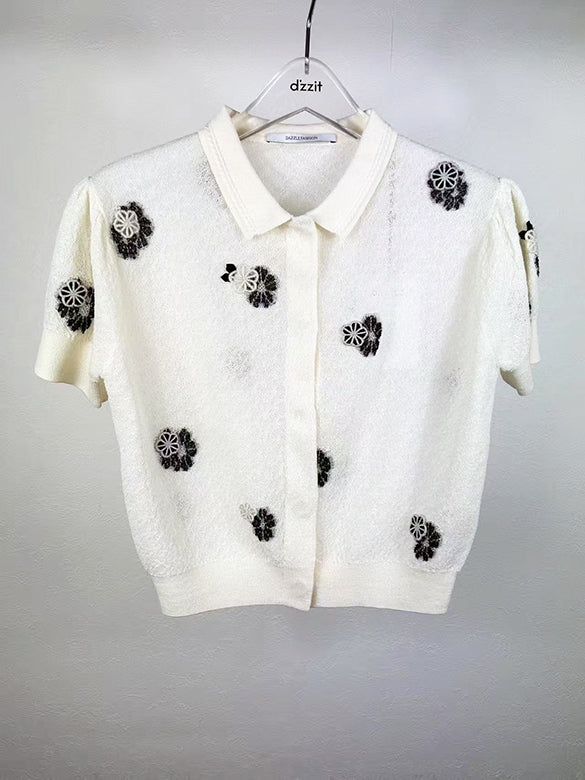 Embroidery Flower Polo Knit