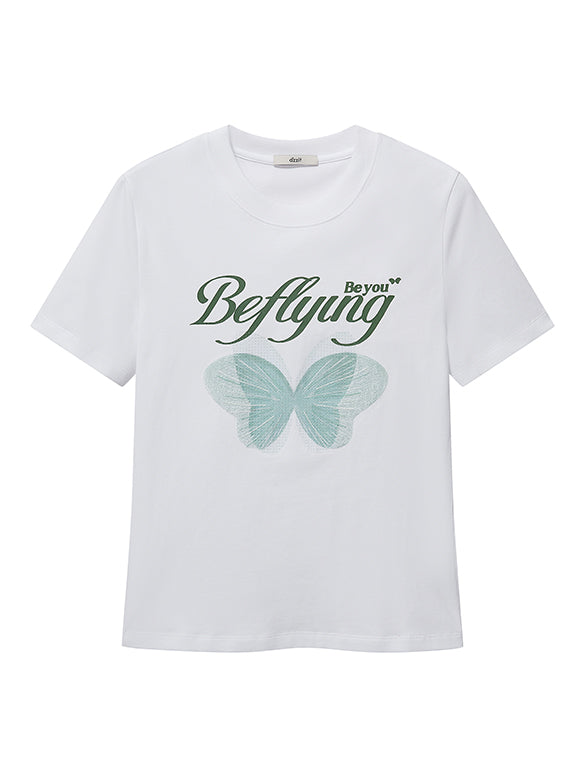 Butterfly Printed & Beads Compact T-shirt