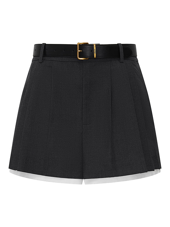 Combination Belted Pleats Short Pants