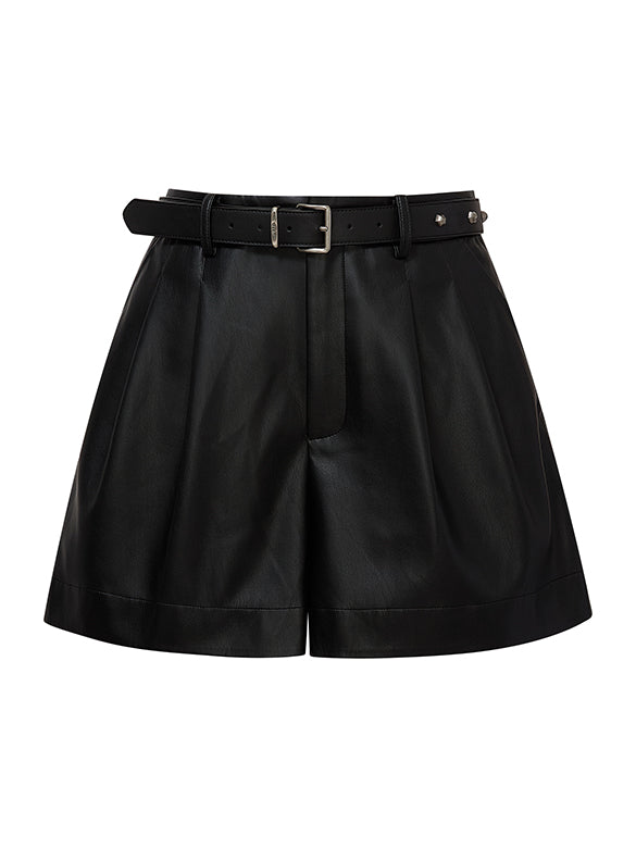 Fake Leather Belted Short Pants