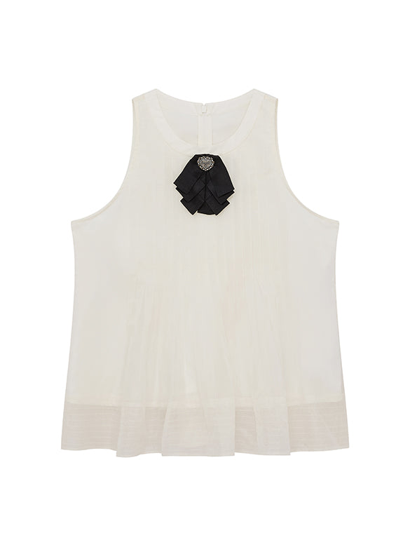 Ribbon Brooch Sheer Sleeveless Top
