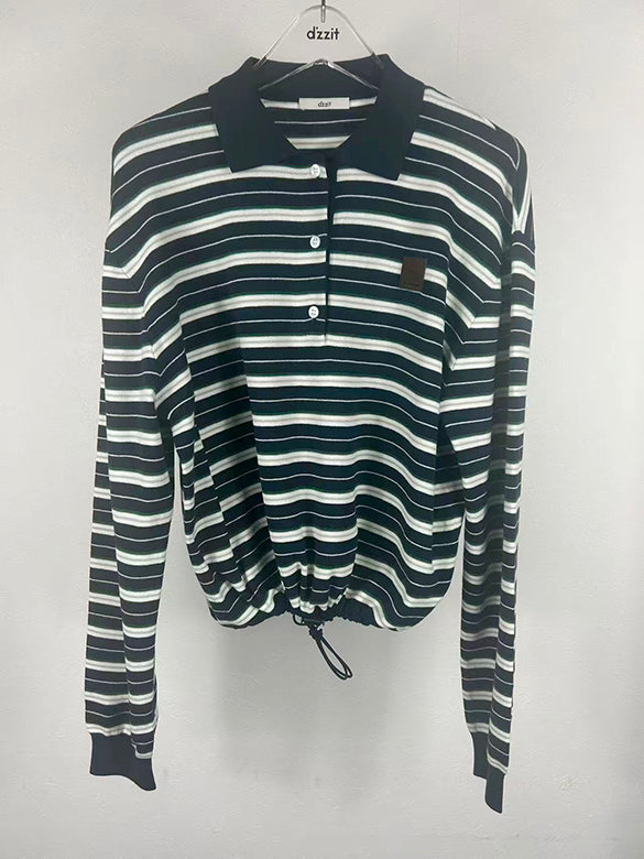 Waist Code Stripe Polo Knit Top