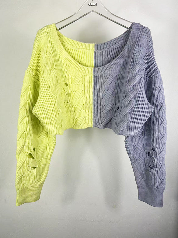 Bi-color Damage Off-shoulder Cable Short Knit