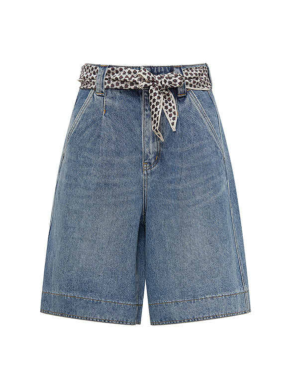 Scarf Belted Denim Half Pants