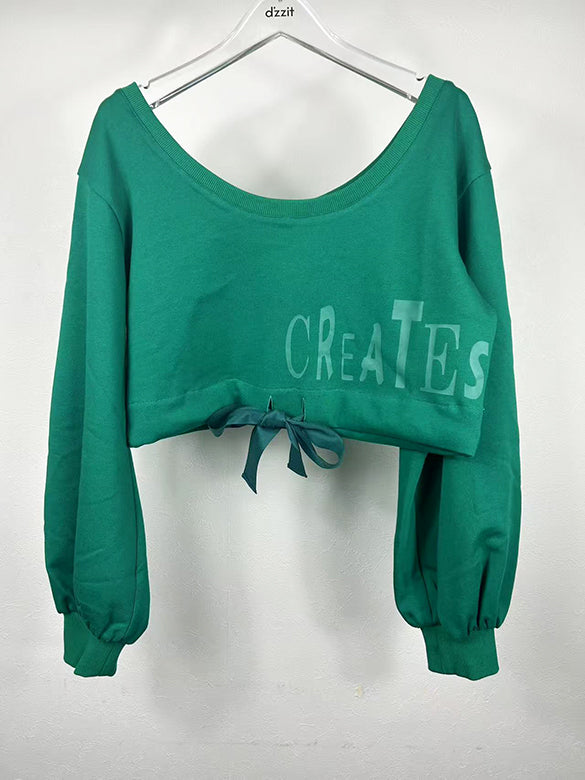 Balloon Sleeves Off-shoulder Ribbon Short Sweatshirt
