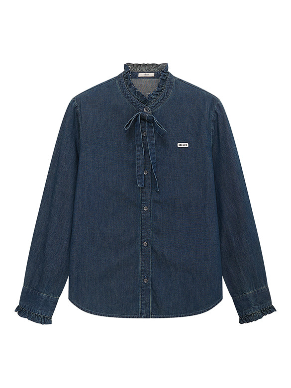 Frill-collar Bow-tie Denim Shirt