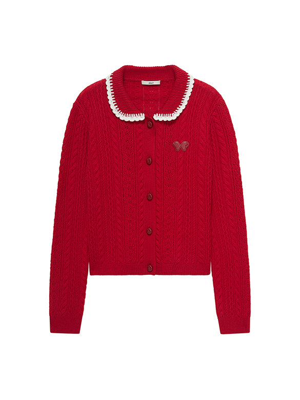 Bi-color Frill Collar Knit Cardigan