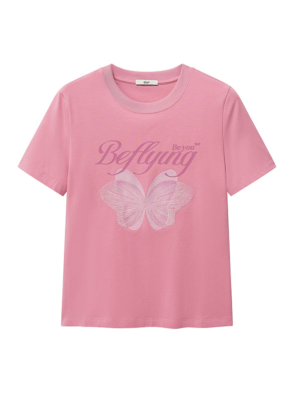 Butterfly Printed & Beads Compact T-shirt