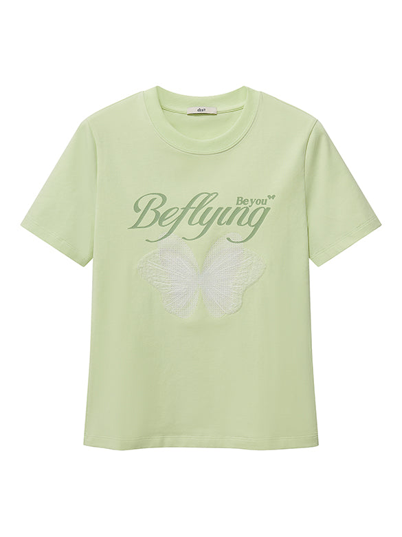 Butterfly Printed & Beads Compact T-shirt