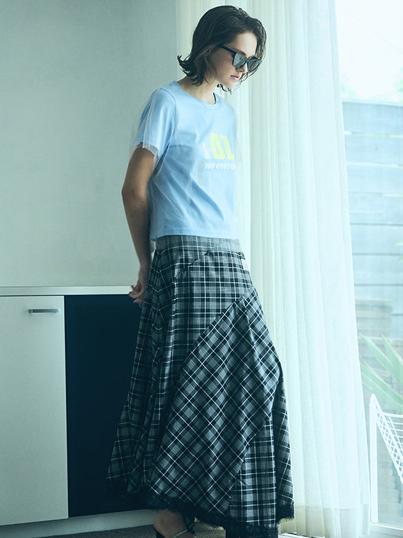 Lace Piping Plaid Design Skirt