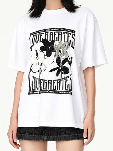 Flower Embroidery Bi-Color T-Shirt