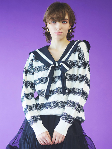 Bi-Color Sailor Collar Design Knit Top