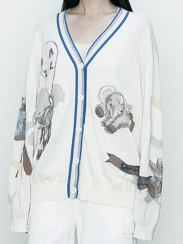 Elephant Design Embroidery Knit Cardigan