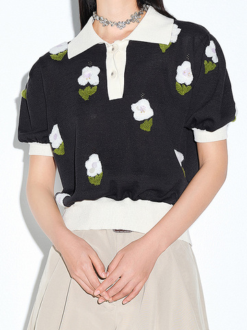 Flower Needle-Punch Polo Knit Top