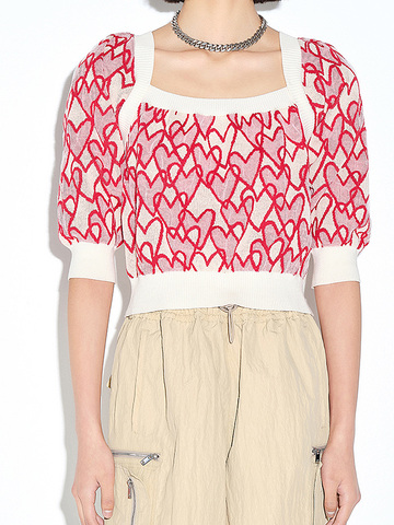 Heart Printed Square Neck Knit