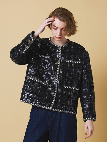 Sequins Mix Design Tweed No-Collar Jacket