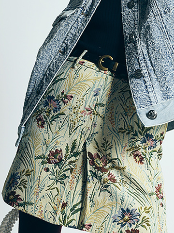 Flower Jacquard / Black Belted Skirt