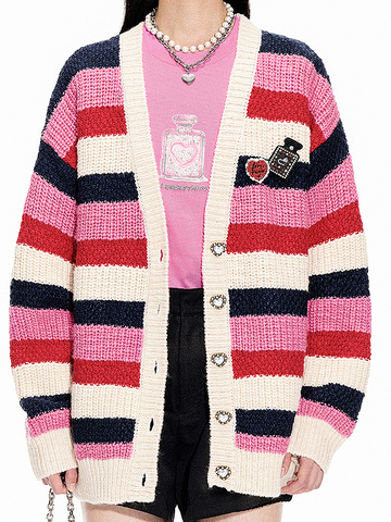 Pink Stripe Broach Knit Cardigan