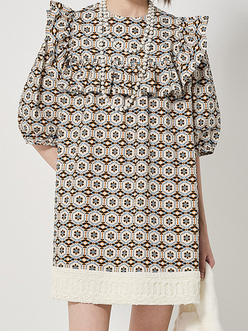 Floral Geometric Printed Frill Collar Dress