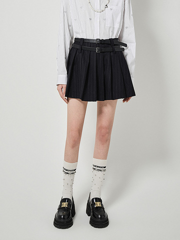 Pin-Stripe Double Belted Pleats Skirt