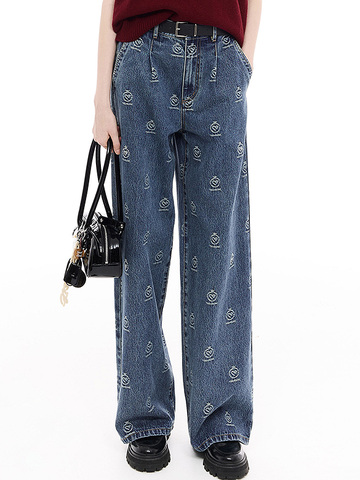 Monogram Design Stitch Pattern Denim Pants