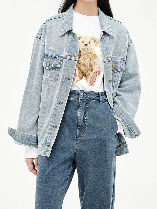 Teddy Bear Back-Side Printed Denim Jacket