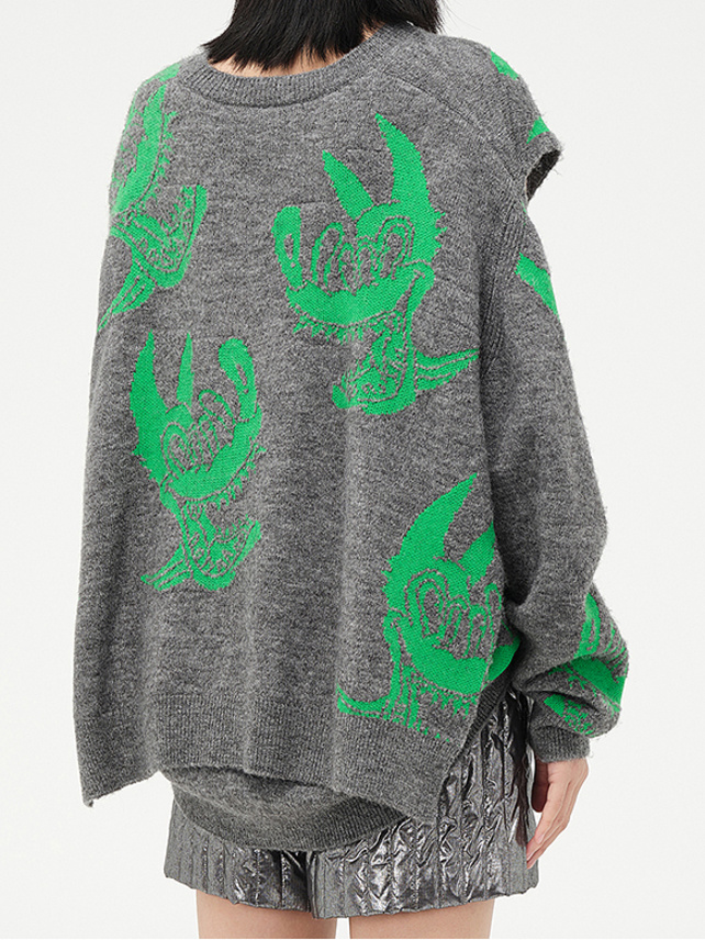 Slit Design Wolf Printed Knit