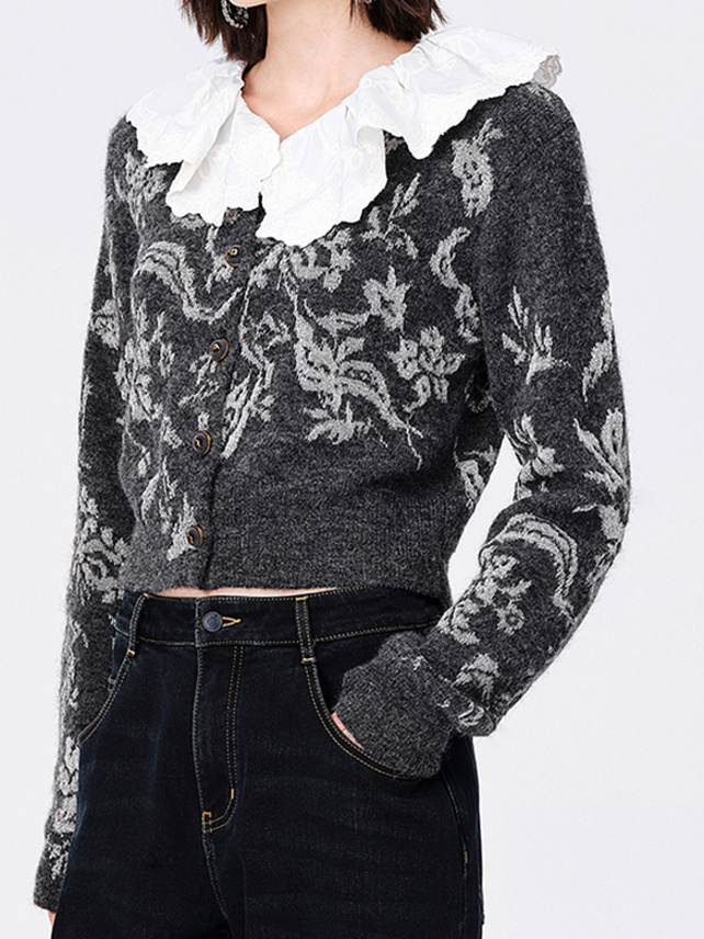 Collar Attached Embroidery Knit Cardigan