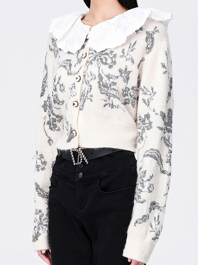 Collar Attached Embroidery Knit Cardigan