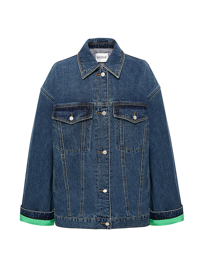 Sleeve Lining Green Denim Jacket - DAZZLE FASHION(ダズル