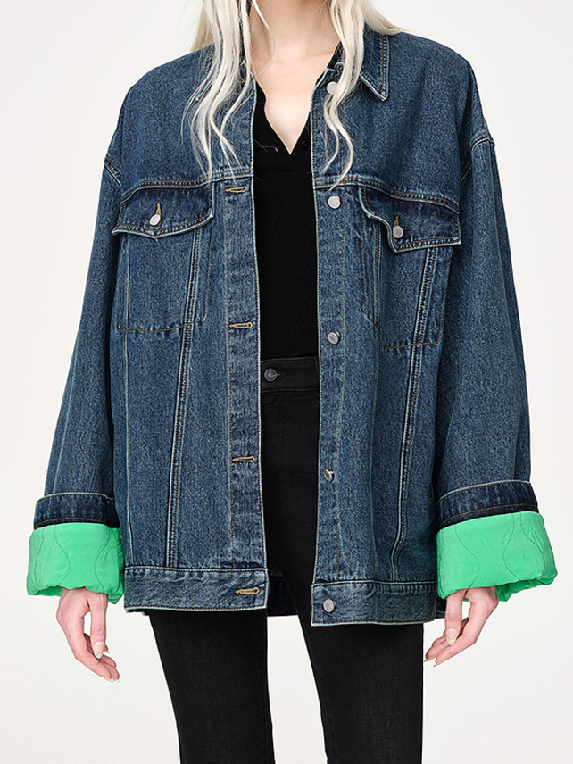 Sleeve Lining Green Denim Jacket - DAZZLE FASHION(ダズル