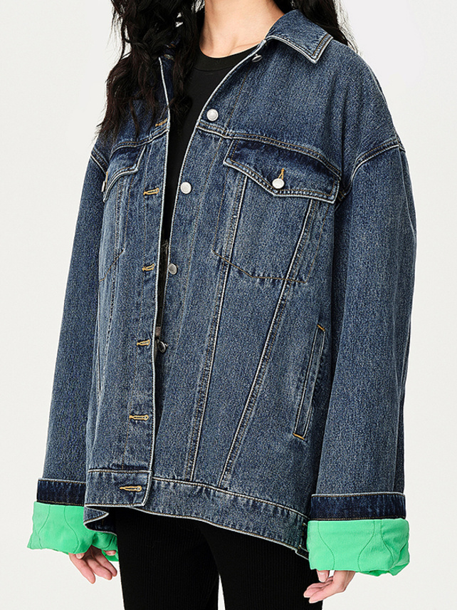 Sleeve Lining Green Denim Jacket - DAZZLE FASHION(ダズル