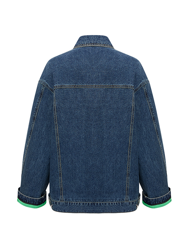 Sleeve Lining Green Denim Jacket - DAZZLE FASHION(ダズル