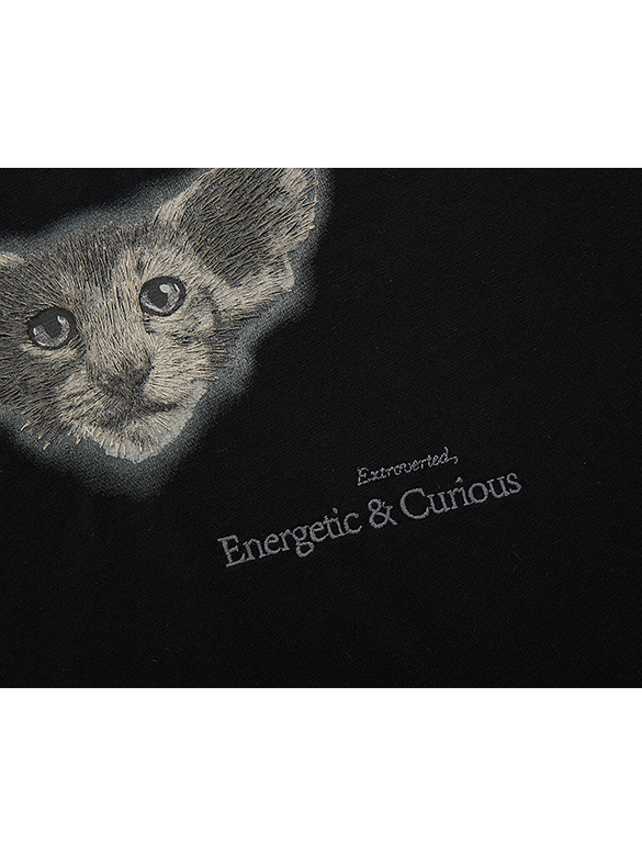 Printed & Embroidery Cat Design T-Shirt