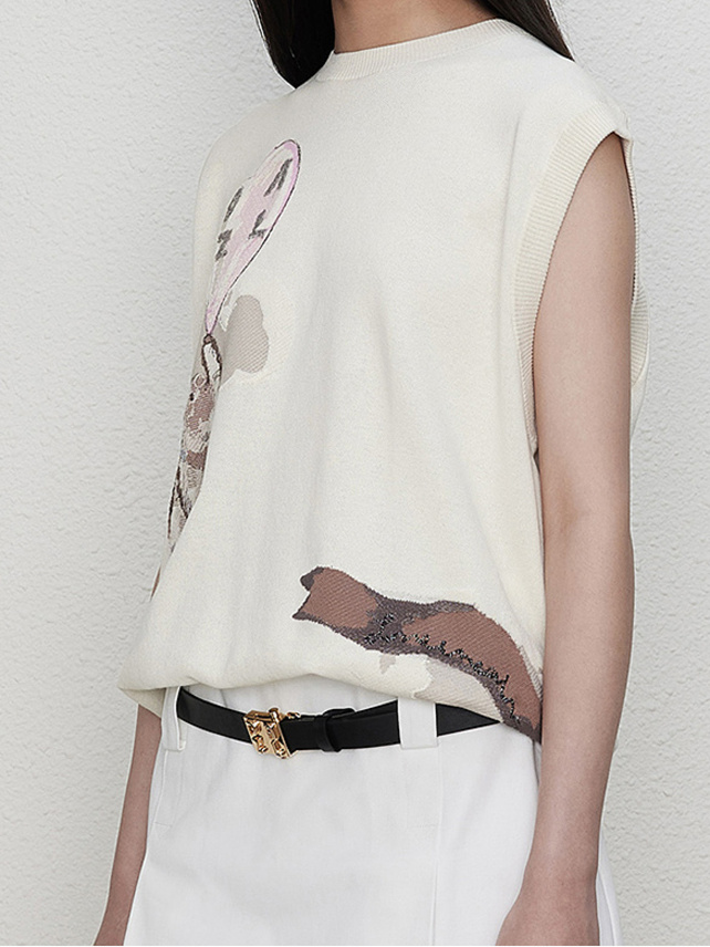 Elephant Design Embroidery Sleeveless Knit