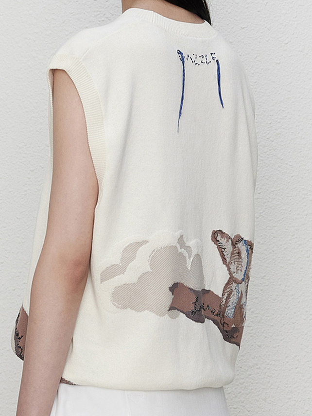 Elephant Design Embroidery Sleeveless Knit