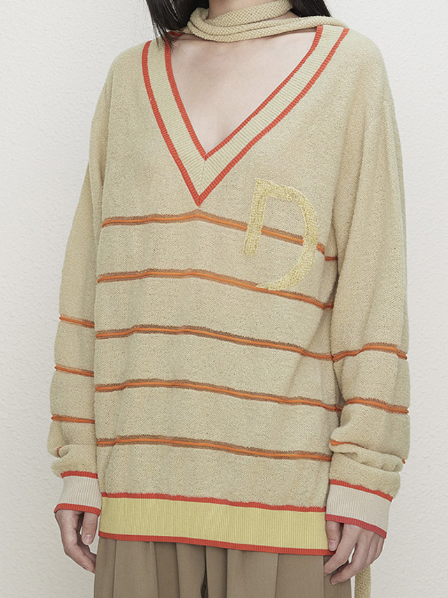 Orange Line Stole V-Neck Knit