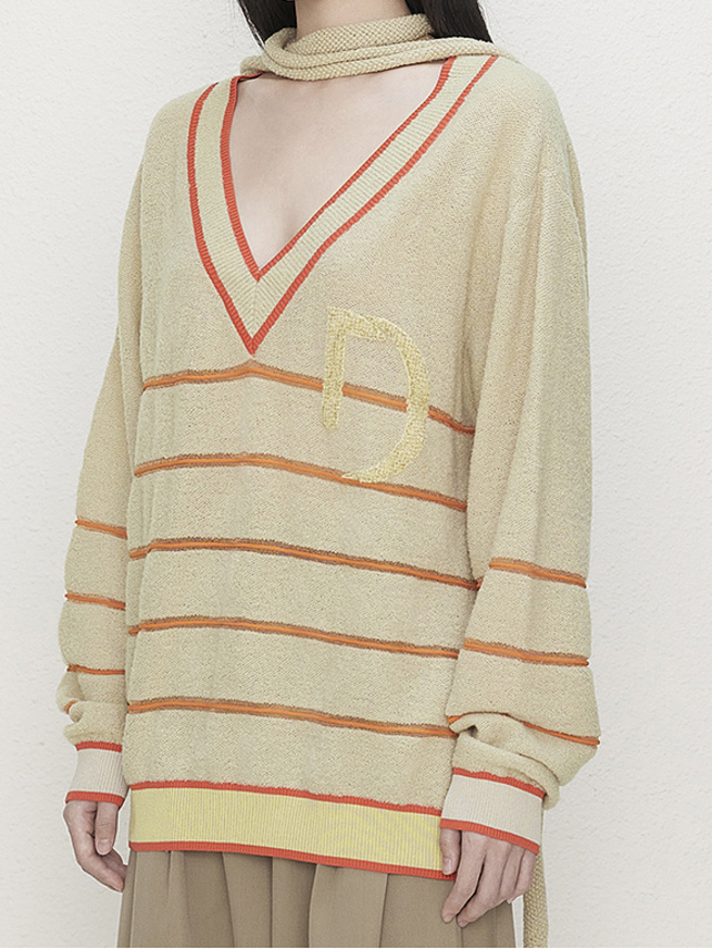 Orange Line Stole V-Neck Knit