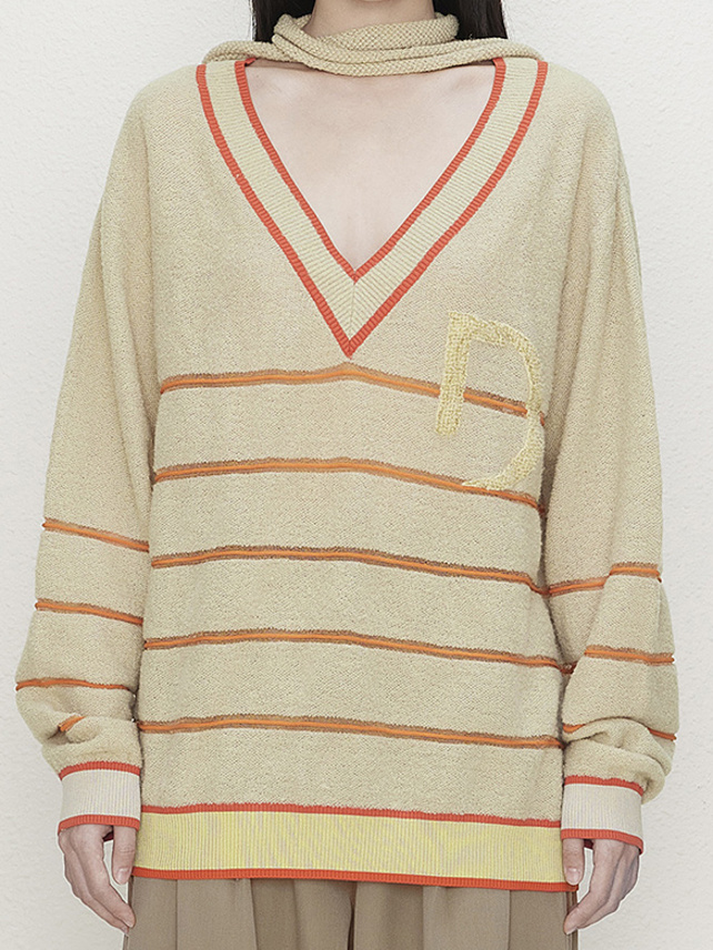 Orange Line Stole V-Neck Knit