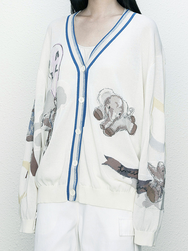 Elephant Design Embroidery Knit Cardigan