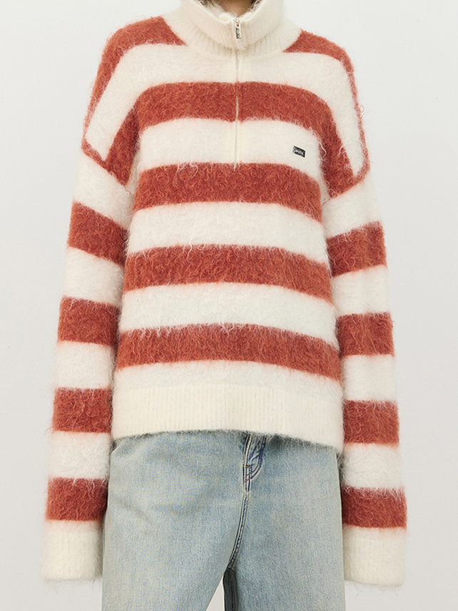 Mohair Stripe Zipper Knit Top