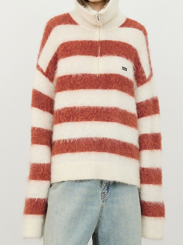 Mohair Stripe Zipper Knit Top