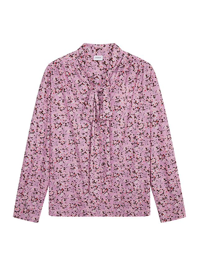 Cat & Flower Printed Bow-tie Blouse