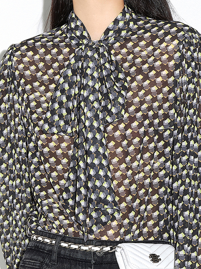 Printed Chiffon Bow Tie Blouse