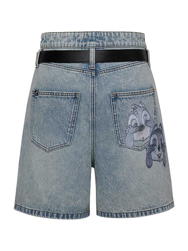 Embroidery Belted Denim Short Pants